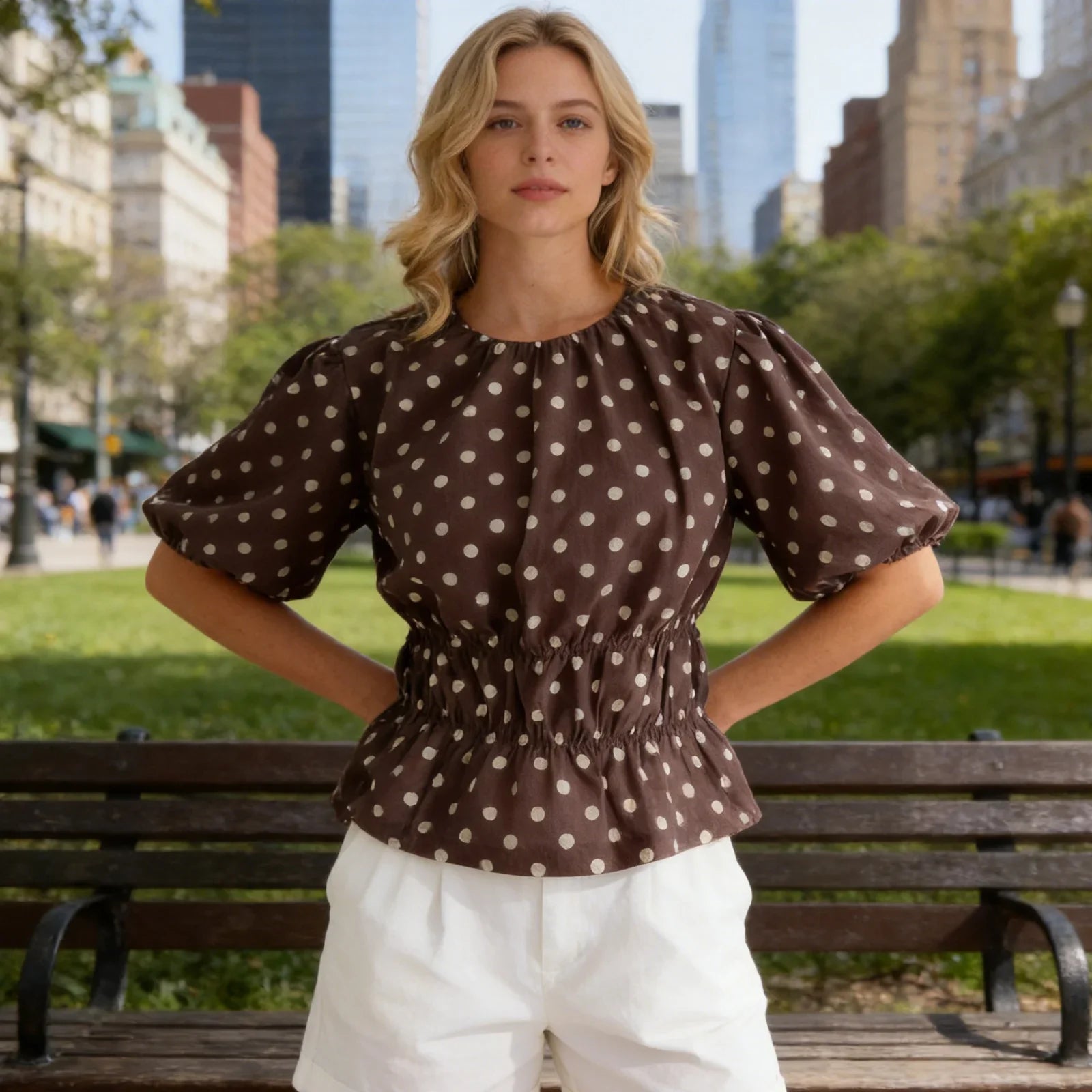 Women's Summer Puff Sleeve Tops Fashionable Dot Print Round Neck Cinched Waist T-shirts for Casual Daily Wear