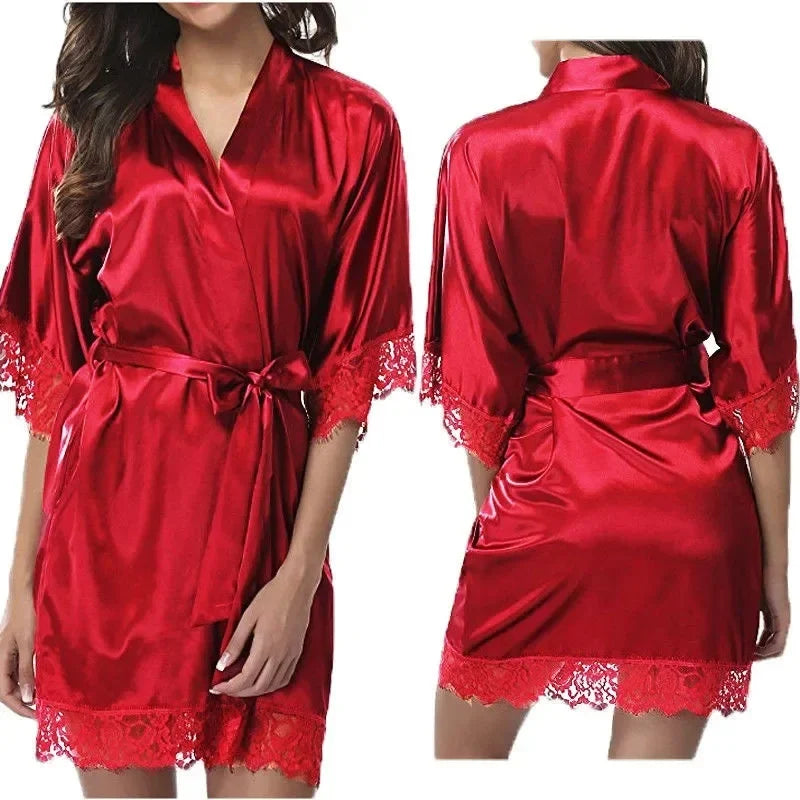 Women  Elegant Lightweight Black Satin Robe with Delicate Lace Trim Perfect for Lounging Sleepwear or Bridesmaids