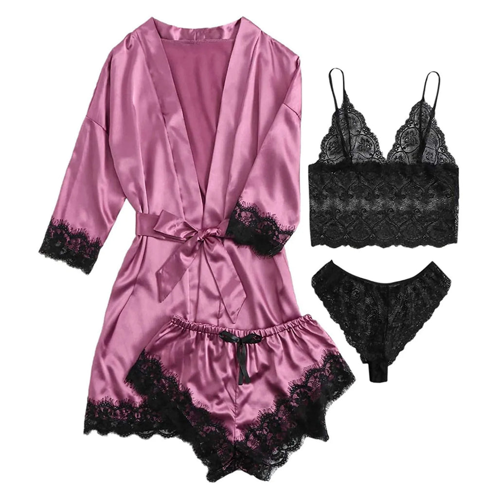 4pcs Women Striped Lingerie Set Lace Trim Robe Camisole Shorts Panties Nightwear Sleepwear Homewear Sexy Pajamas Outfit