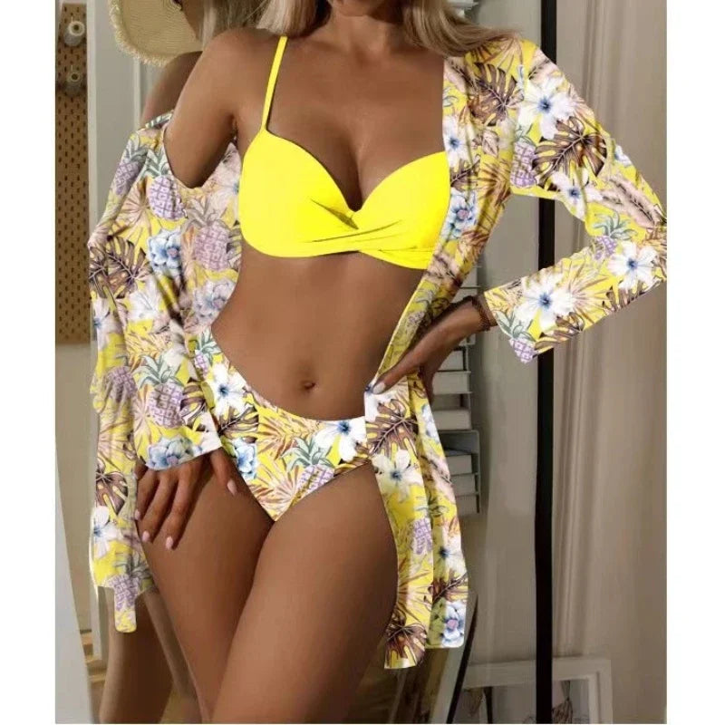 Boho Style Women's 3 Pieces Swimsuit Floral Bikini Set+Long Sleeve Cover-Up Swimwear Sexy Low Waist Tankinis Beachwear Holiday