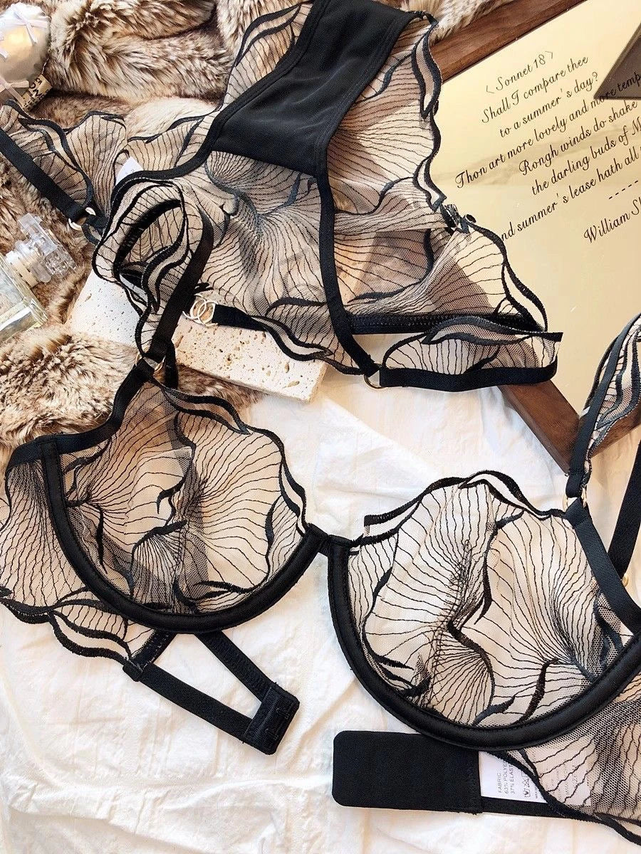 wholesome but hot French Lace Bra Set Flower Embroidery Ultra Thin Push Up Wirefree Niche Comfort CA Delivery S-XL MOYISU 32-38