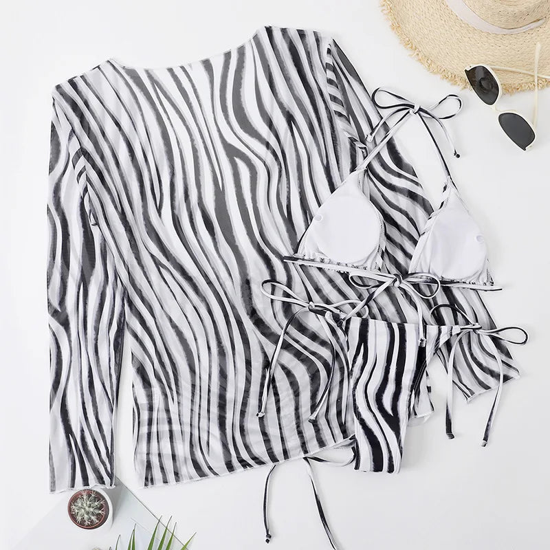 DEKA Sold Triangle Bikini Set Blouse Swimsuit Women Printed Halter Swimwear Cover Up Beach Wear 3 Pieces Sheer Bathing Suit