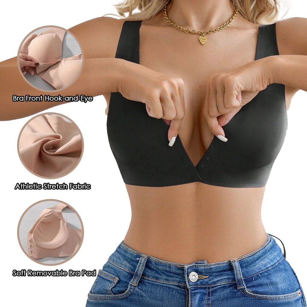3 Pcs Women' Deep V Wire-free Bras Wide Strap Front Closure Sexy Push Up Seamless Bralettes For Cup A B C D
