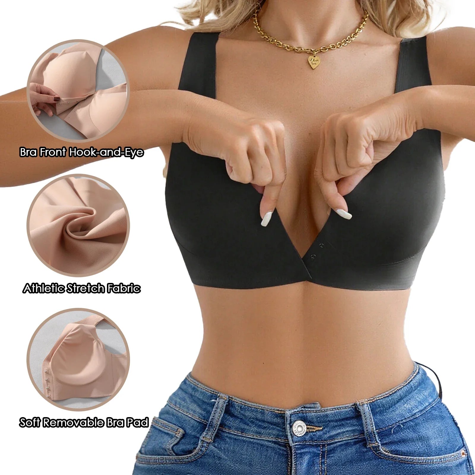 3 Pcs Women' Deep V Wire-free Bras Wide Strap Front Closure Sexy Push Up Seamless Bralettes For Cup A B C D