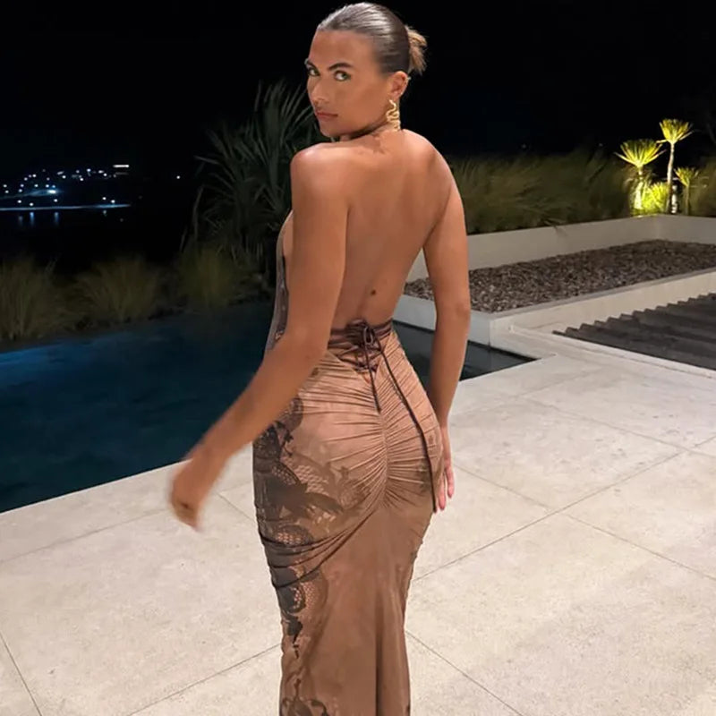 FDYOUI Women Vintage Halter Printed Long Party Club Dresses 2026 Summer Ladies Sexy Backless Lace-up Bodycon Evening Prom Dress