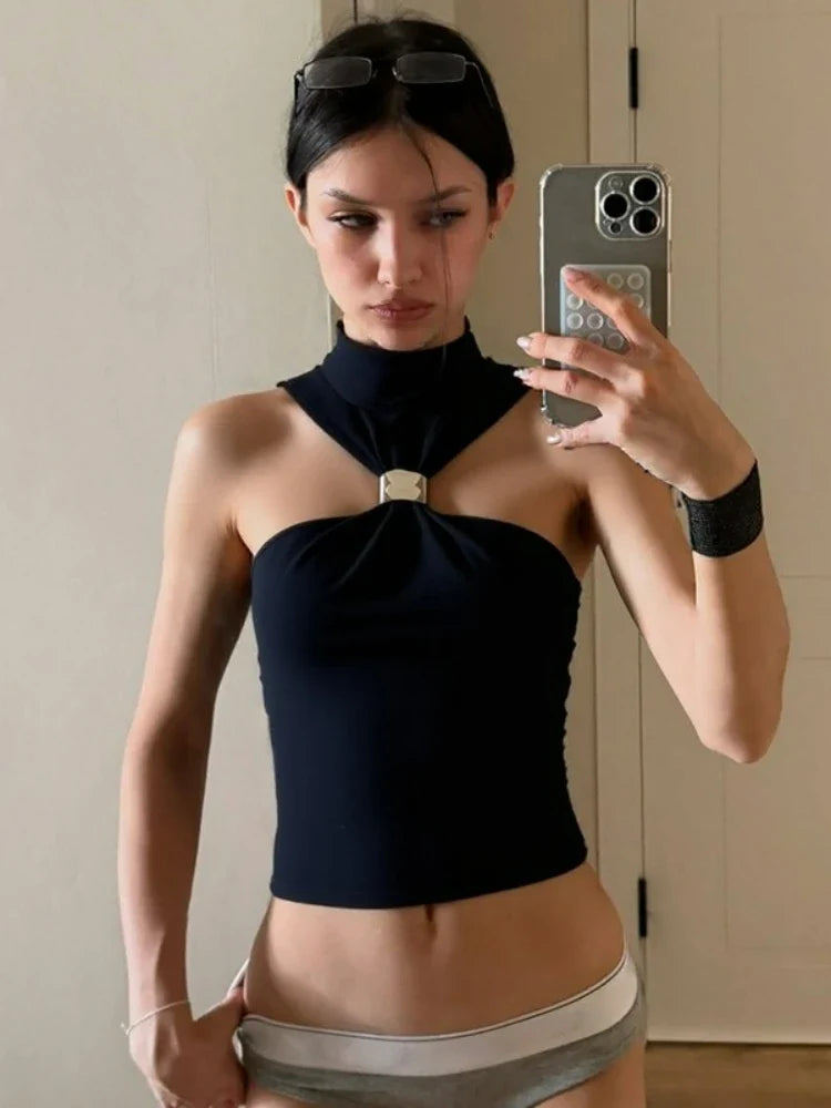 FDYOUI 2026 Summer Halter Neck Off Shoulder Corset High Street Women Sexy Sleeveless Crop Top Hollow Out Slim Tank Tops Clubwear