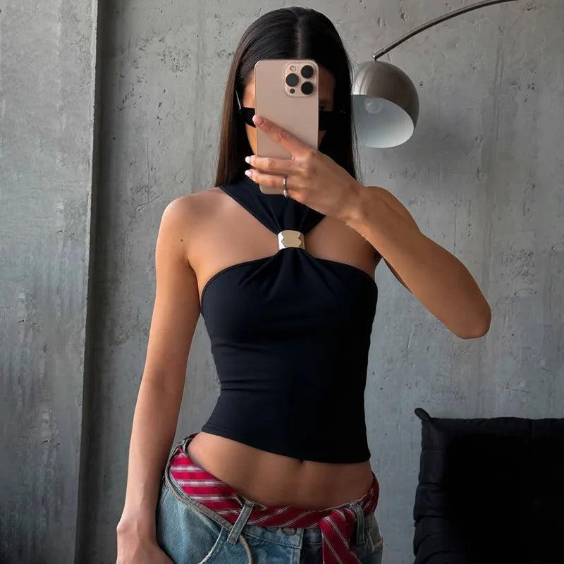 FDYOUI 2026 Summer Halter Neck Off Shoulder Corset High Street Women Sexy Sleeveless Crop Top Hollow Out Slim Tank Tops Clubwear