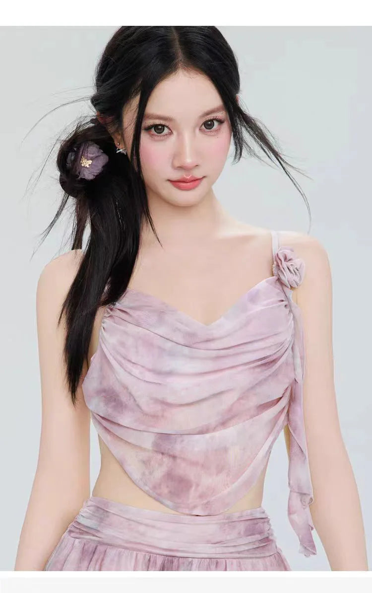 Swimsuit Women's Two-piece Fairy Style Sexy Hot Spring Skirt Style Three-dimensional Flower Ribbon Swimsuit