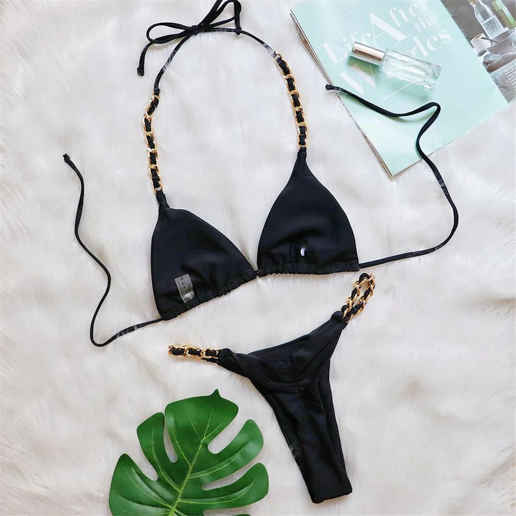 Metal Ring Halter Scrunch Butt Thong Bikini Women Swimwear Female Swimsuit Two-Pieces Bikini Set Bather Bathing Suit Swim V4391