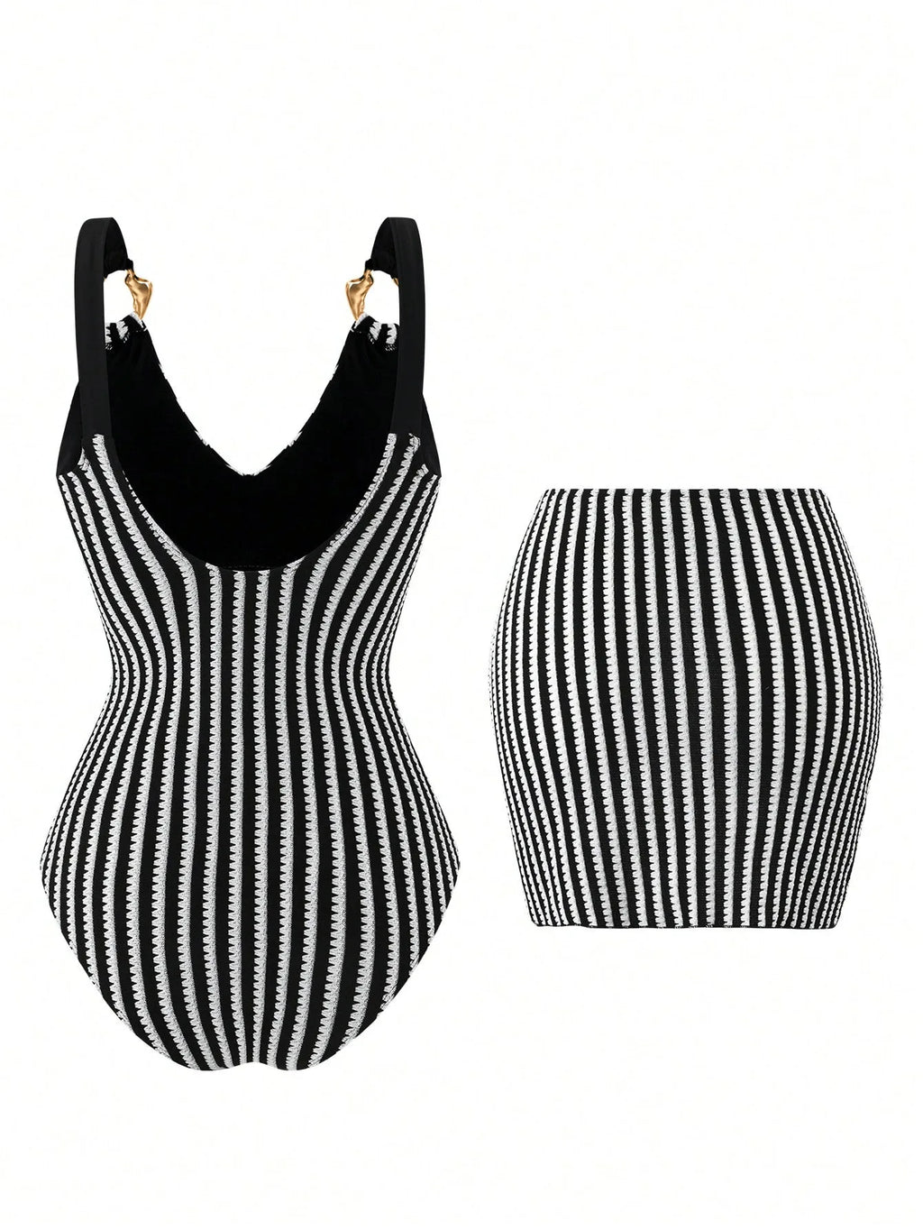 Vintage Black Striped Swimwear Skirts Set Women 2026 Metal Buckle Strap V Neck Slimming Bathing Suit Holiday One Piece Swimsuit