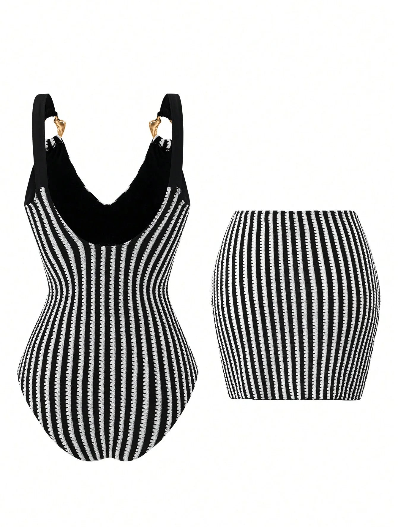 Vintage Black Striped Swimwear Skirts Set Women 2026 Metal Buckle Strap V Neck Slimming Bathing Suit Holiday One Piece Swimsuit