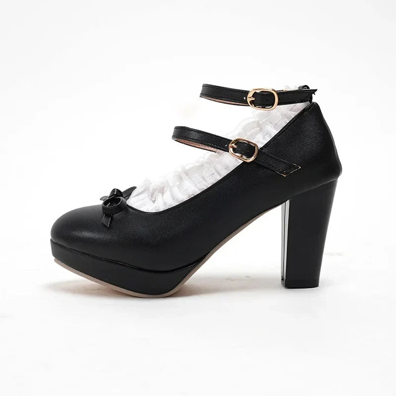 Women's Sweet Cute Lace Bow Lolita Platform High Heels, White Pumps Wedding Party Dress Shoes, Big Sizes 33-48