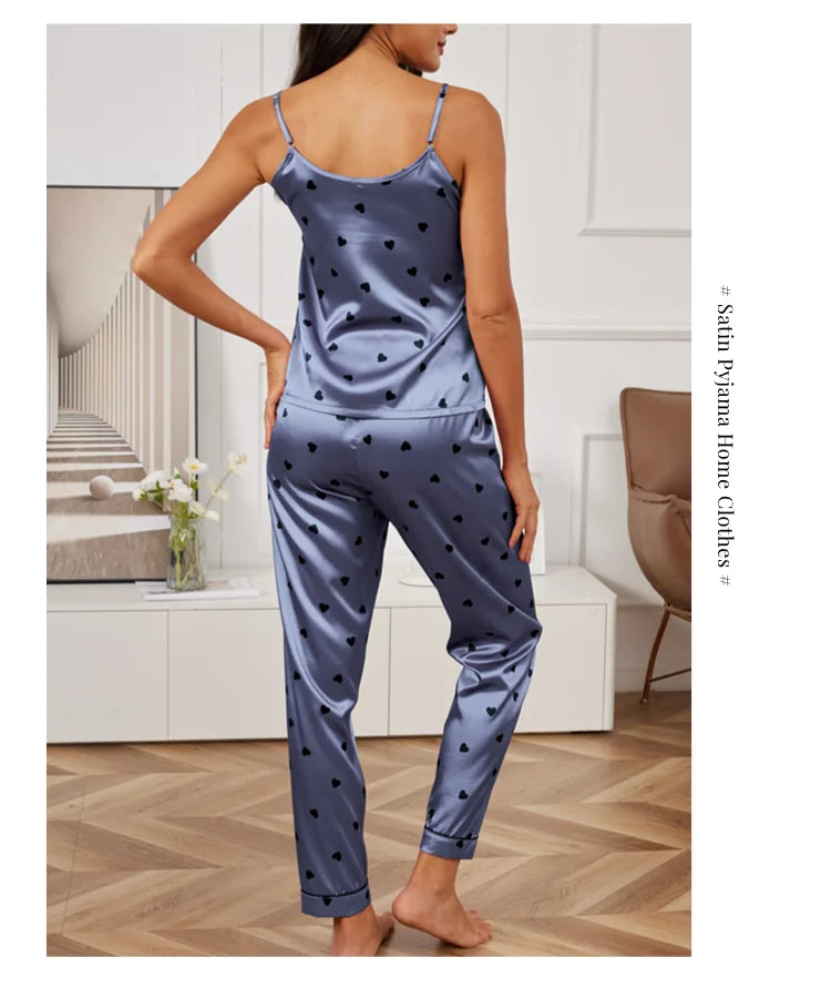 Ladies Heart Print Pajama Set Sexy V Neck Cami Top & Elastic Waistband Pants Pyjama 2 Pieces Women's Sleepwear & Loungewear Pjs