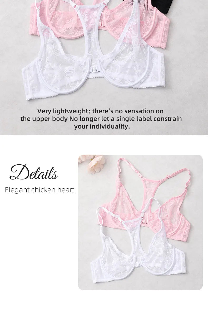 Womens Front Button Lace Bra Underwire Underwear Elegant Embroidery Beautiful bBack Plus Size Lingeire A B C D E F Cup