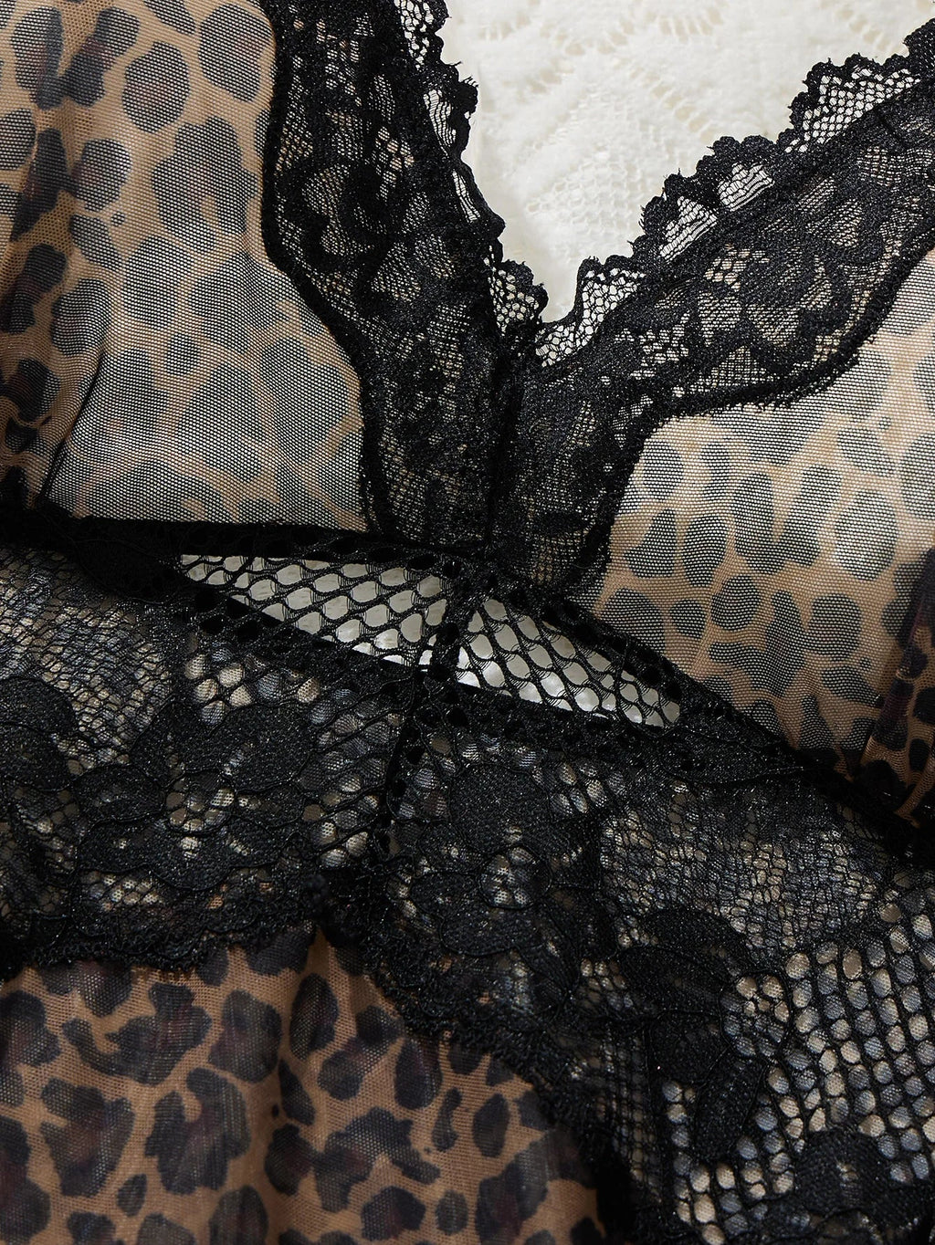 French style leopard print mesh sheer nightgown, sexy lace-edge deep V strap nightgown with T-shirt two-piece set ZA825233