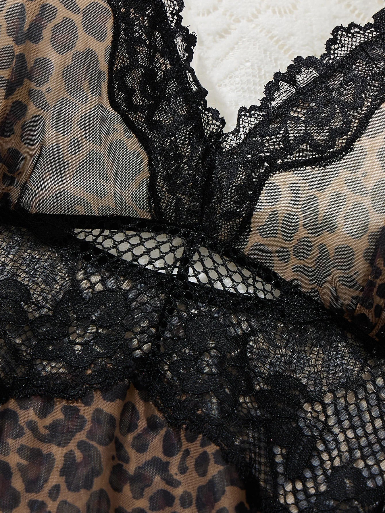 Women Leopard Print Lace Lingerie Nightgown Set Sheer Mesh Slip Dress With Thong Intimate Sleepwear ZA825233