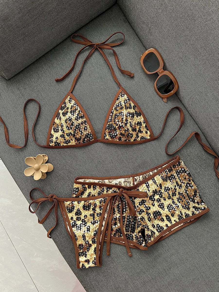 With Shorts Leopard Sequins Bikini Women Swimwear Female Swimsuit Three-pieces Bikini Set Bather Bathing Suit Swim Beachwear