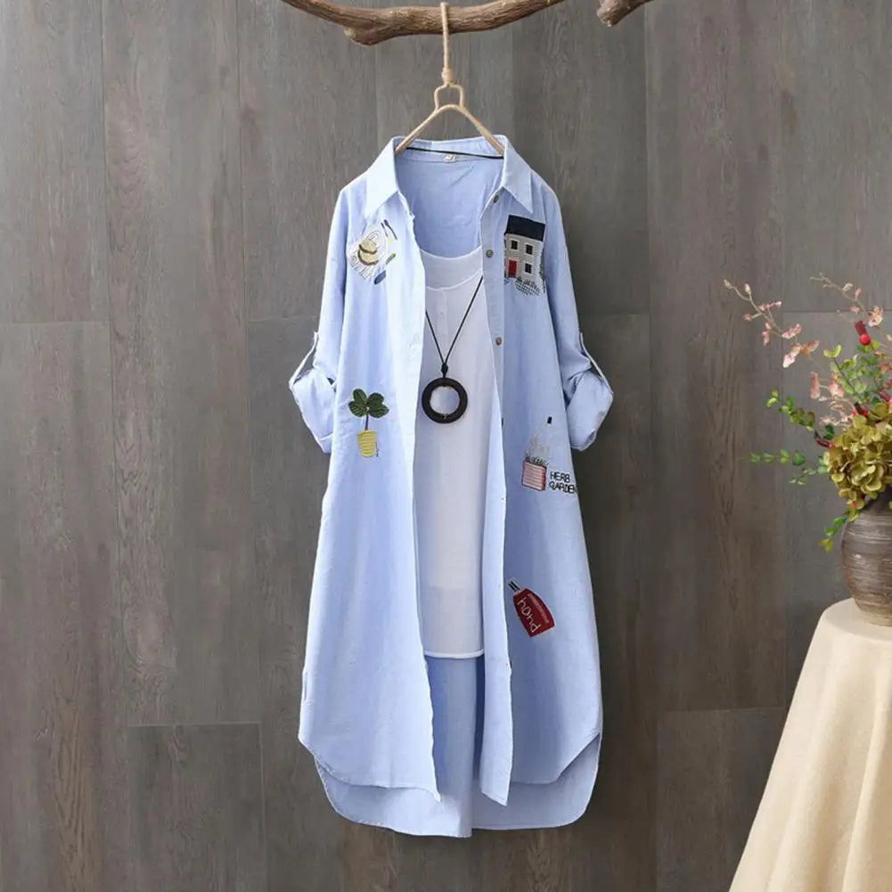 Women Mid Length Shirt Cartoon Embroidery Loose Irregular Hem Turn-down Collar Single-breasted Sun Protection Long Sleeves Top