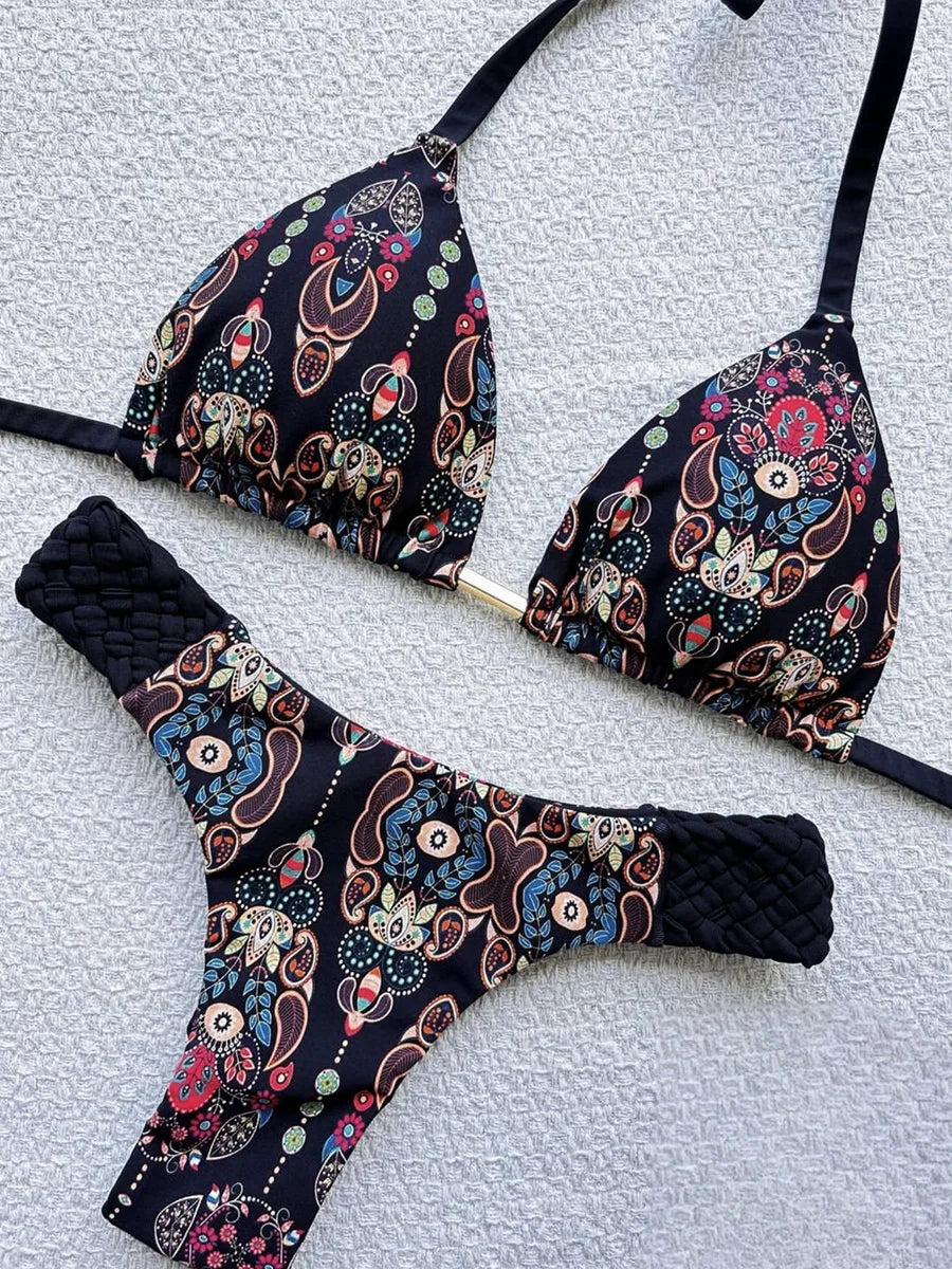 Print Halter Braided Rope Mini Thong Bikini Female Swimsuit Women Swimwear Two-pieces Bikini Set High Cut Bathing Suit Swim Lady