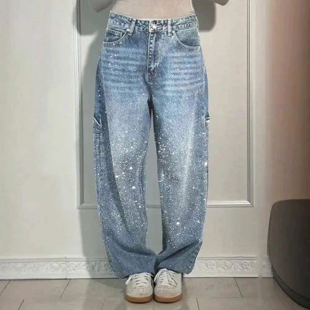 Women's Straight Leg Denim Pants High Waisted Baggy Wide Leg Bling Jeans Casual Sparkly Harem Jeans for Streetwear