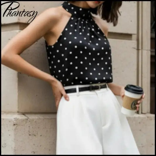 Phantasy Office Lady Polka Dot Tanks Eleghant Halter Black Top Women Sexy Lace up Sleeveless Red Vest 2026 Summer Clothing