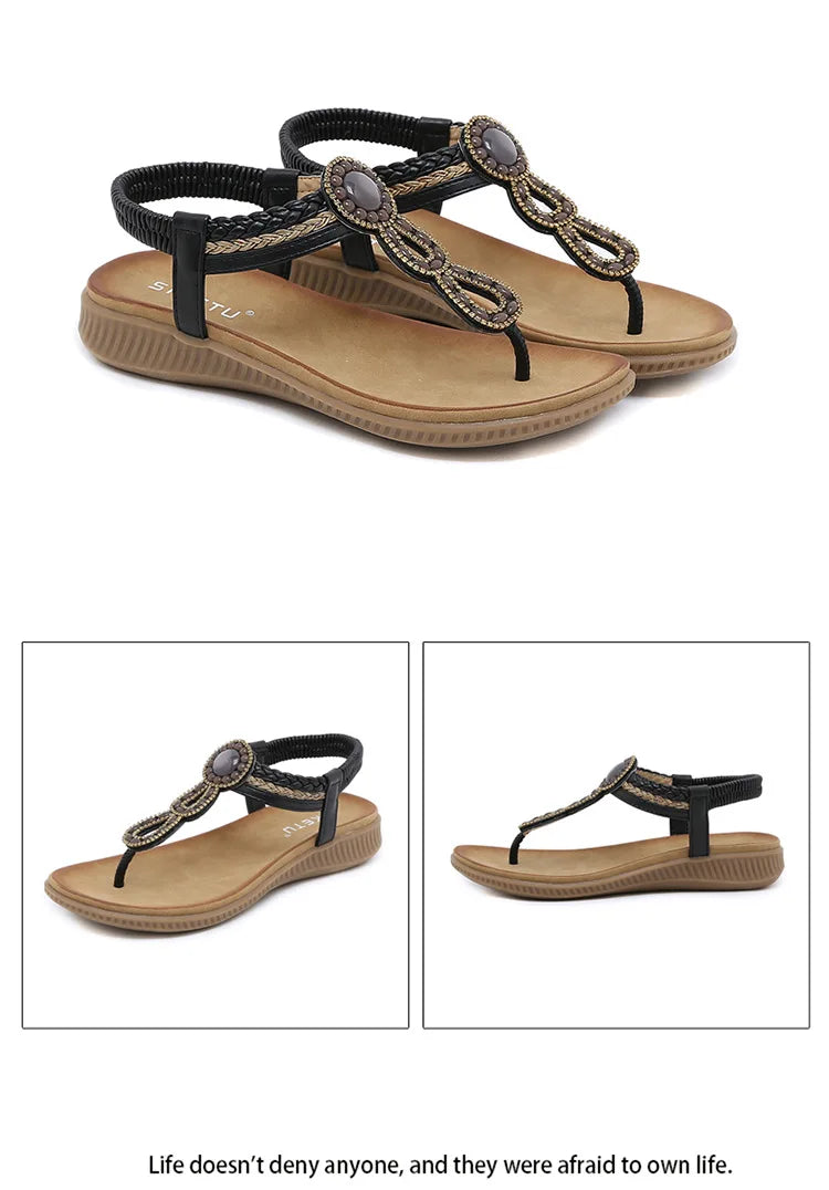 2026 New Shoes for Women Bohemia Crystal Sandals Women Shoes Rhinestone Lady Flip Flops Pearl Slip on Flat Beach Shoes