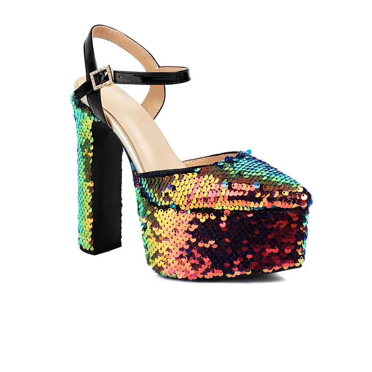 Women Platform Pointed Sandals 15.5CM/6Inch Summer Model Show Sequin Heels Europe and America Nightclub Party Large Size Shoes
