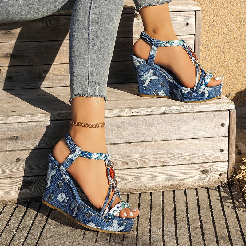 Bohemian Style Printed Wedges Sandals Women 2026 Summer Slip On Chunky Heels Sandles Woman High Heel Platform Sandalias Mujer