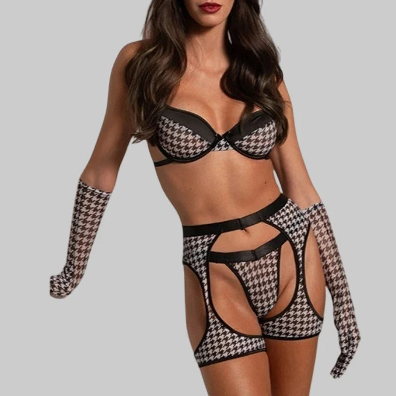 Toucheart Sexy Lingerie Suit for Women Sexy Bra Set Fashion Plaid Patchwork Sexy Lingerie Four-piece Set Women's Underwear Set