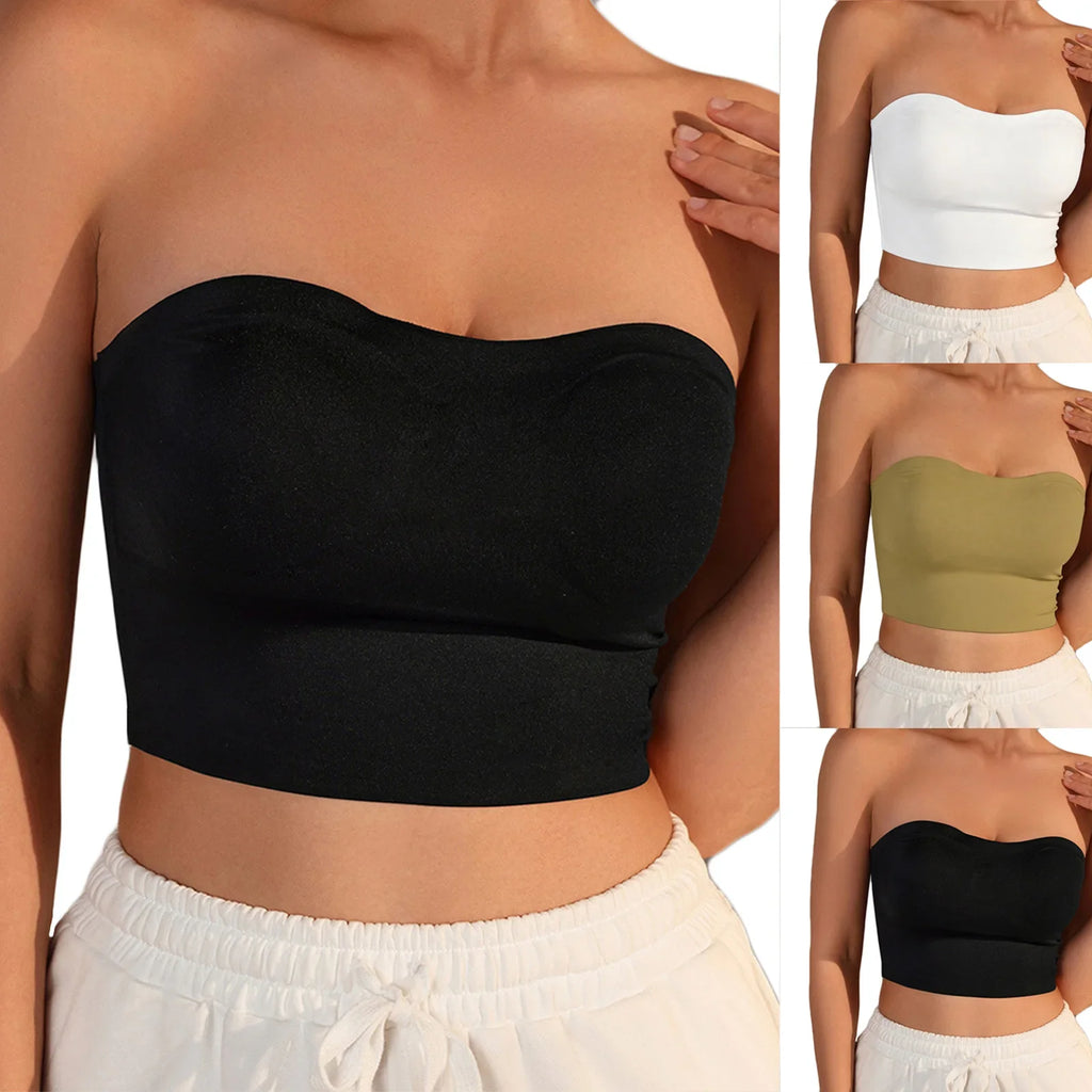 Women Strapless Bandeau Top Solid Color Sleeveless Cropped Tube Top Slim Fit Casual Bralette For Summer Invisible Wireless Bras