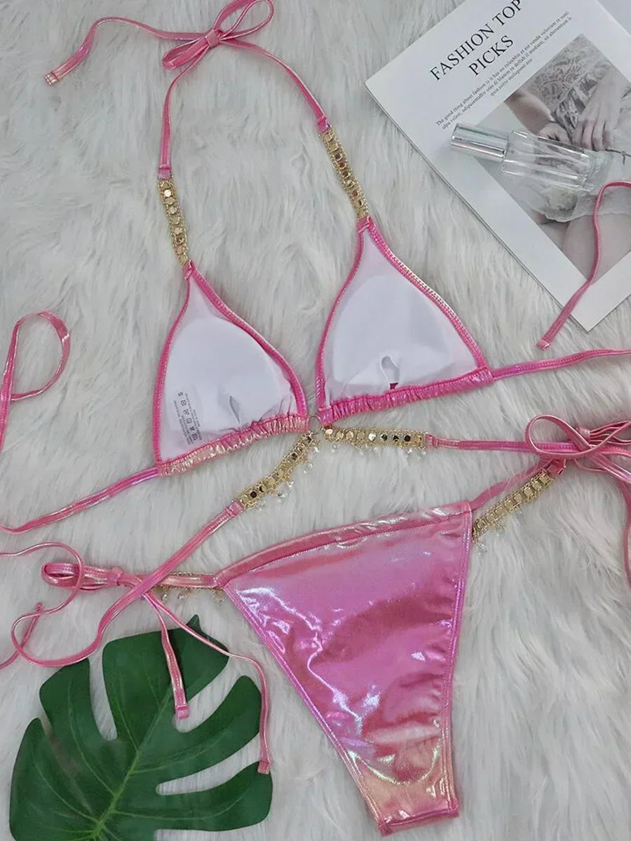 PU Faux Leather Bikinis Wrap Around Diamond Bikini Women Swimsuit Female Swimwear Two-pieces Bikini Set Halter Bathing Suit Swim