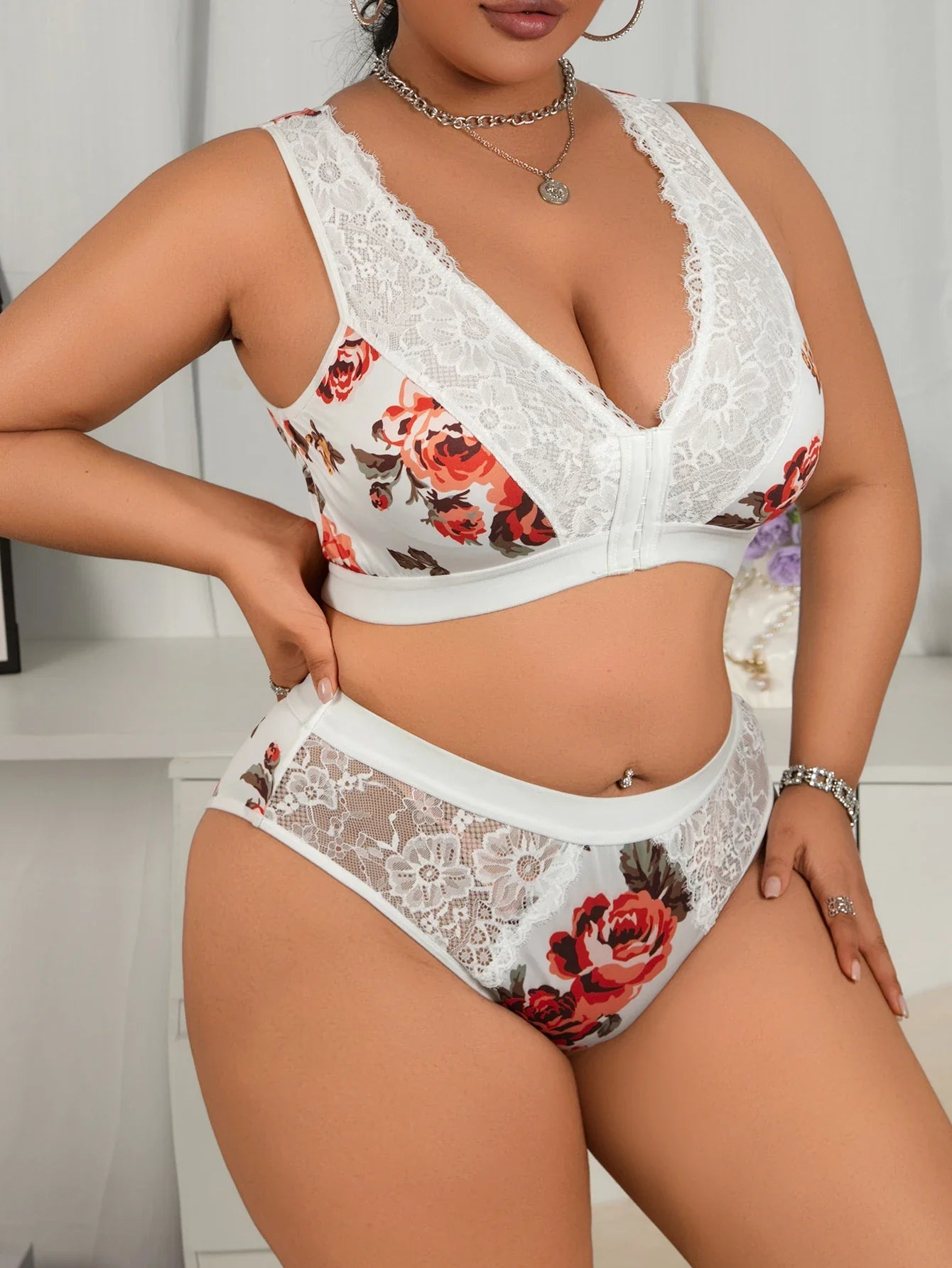 Plus Size Seamless Lingerie Set, Nordic Leopard Print Sheer Front Closure Full Bust Support Bra