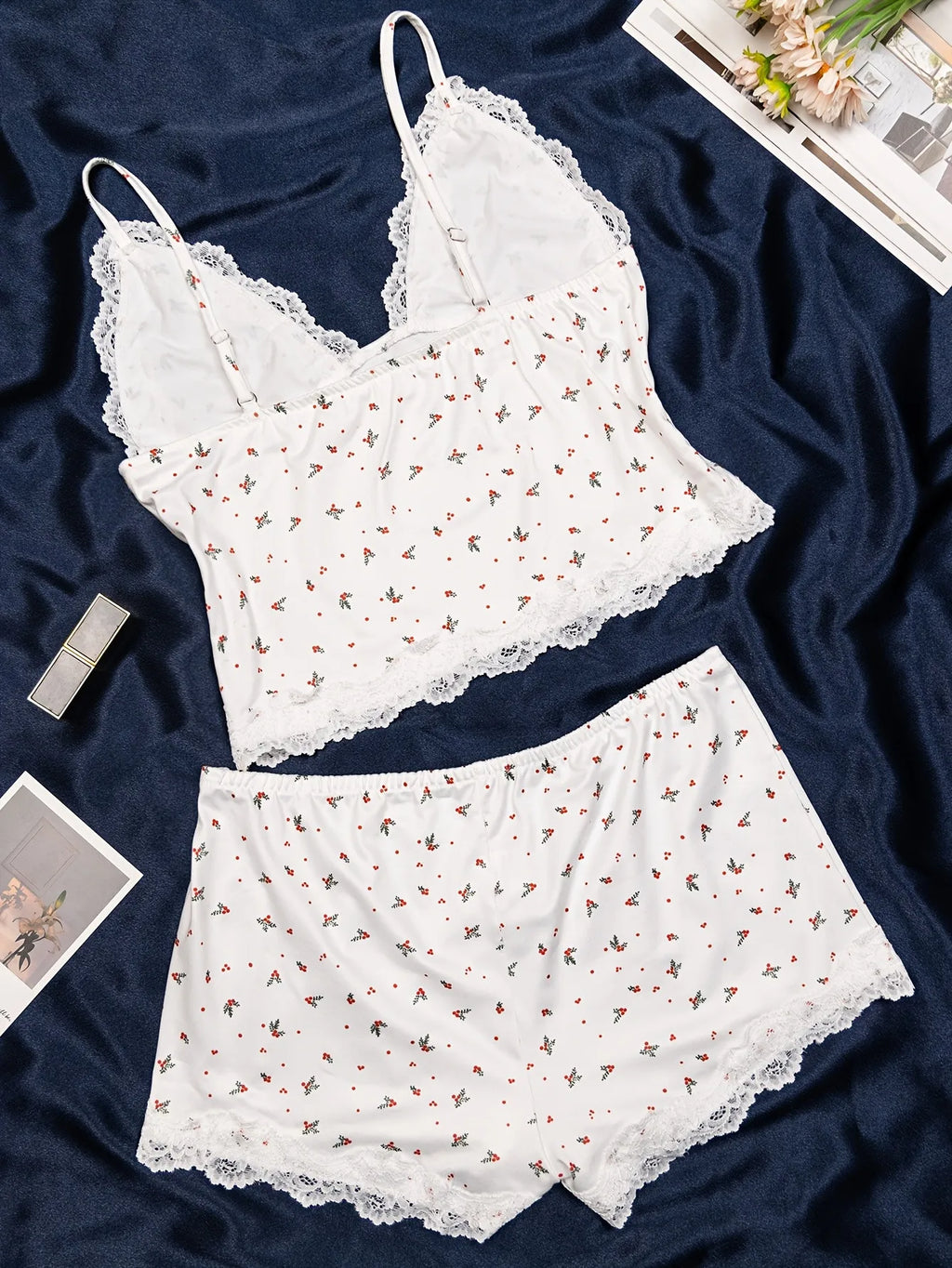 Women Pajama Set 2 Piece Floral Lace Trim Camisole Top and Shorts, V Neck Adjustable Strap Summer Sleepwear