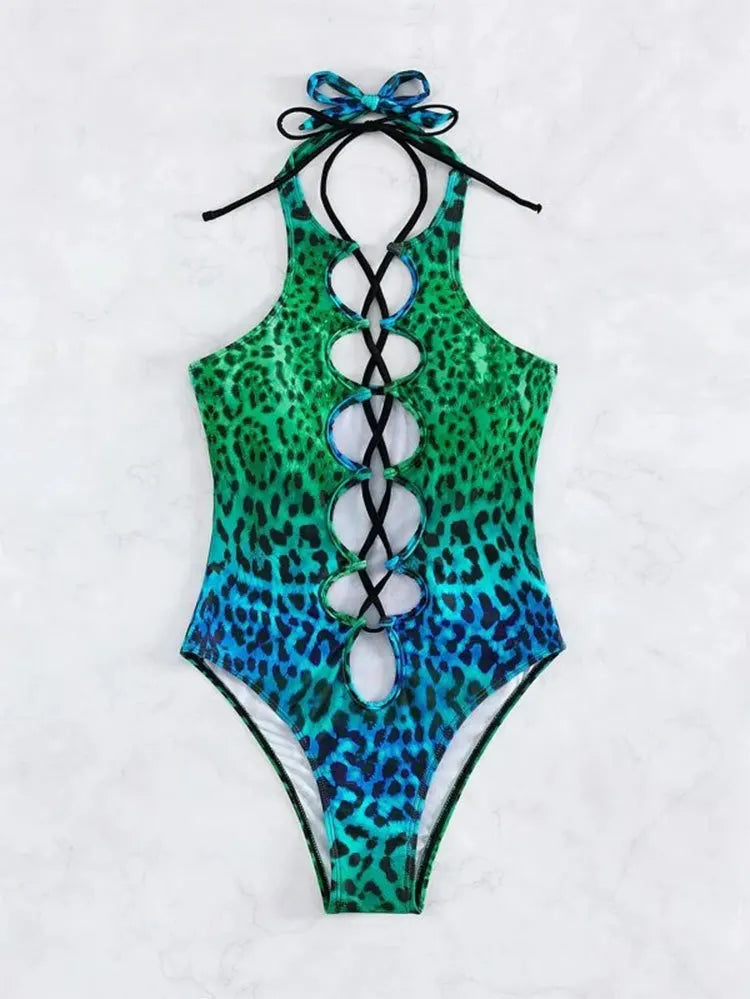 Sexy Hollow Out One Piece Swimsuit 2025 Women Blue Leopard Print Gradient Bandage Backless Bikini Bathing Suit Thong Swimwear