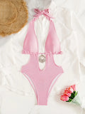 Halter Deep V Neck One Piece Swimsuit Women Swimwear Female Backless Monokini Bather High Cut Leg Bathing Suit Swim Beach Wear