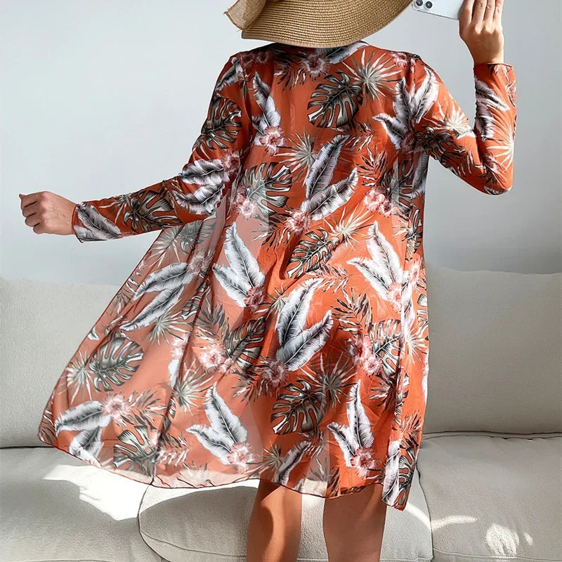 New Women's 3 Pieces Swimsuit Allover Print Tankini+Long Gauze Coat Cover-Up Swimwear High Waist Shorts Bathing Suit Beachwear