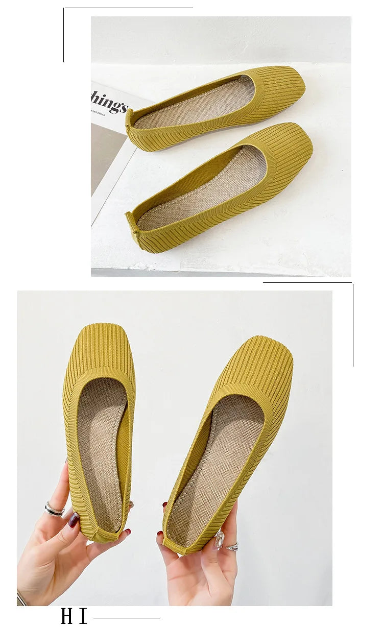 Women Leisure Flats Summer Autumn Flat Shoes Breathable Knitted Square Toe Slip-on Female Daily Walking Driving Loafers
