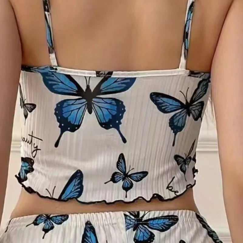 Two Pieces Set Women'S Pajama Shorts Suit Butterfly Pattern Underwear Pijama Lingerie Camisoles Shorts Set Nighty Ladie Homewear