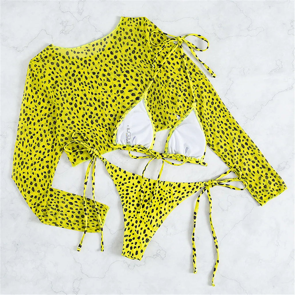 S- XXL Leopard Printed Long Sleeve Bikini Women Swimwear Female Swimsuit Three-Pieces Bikini Set Bather Bathing Suit Swim V3193Y