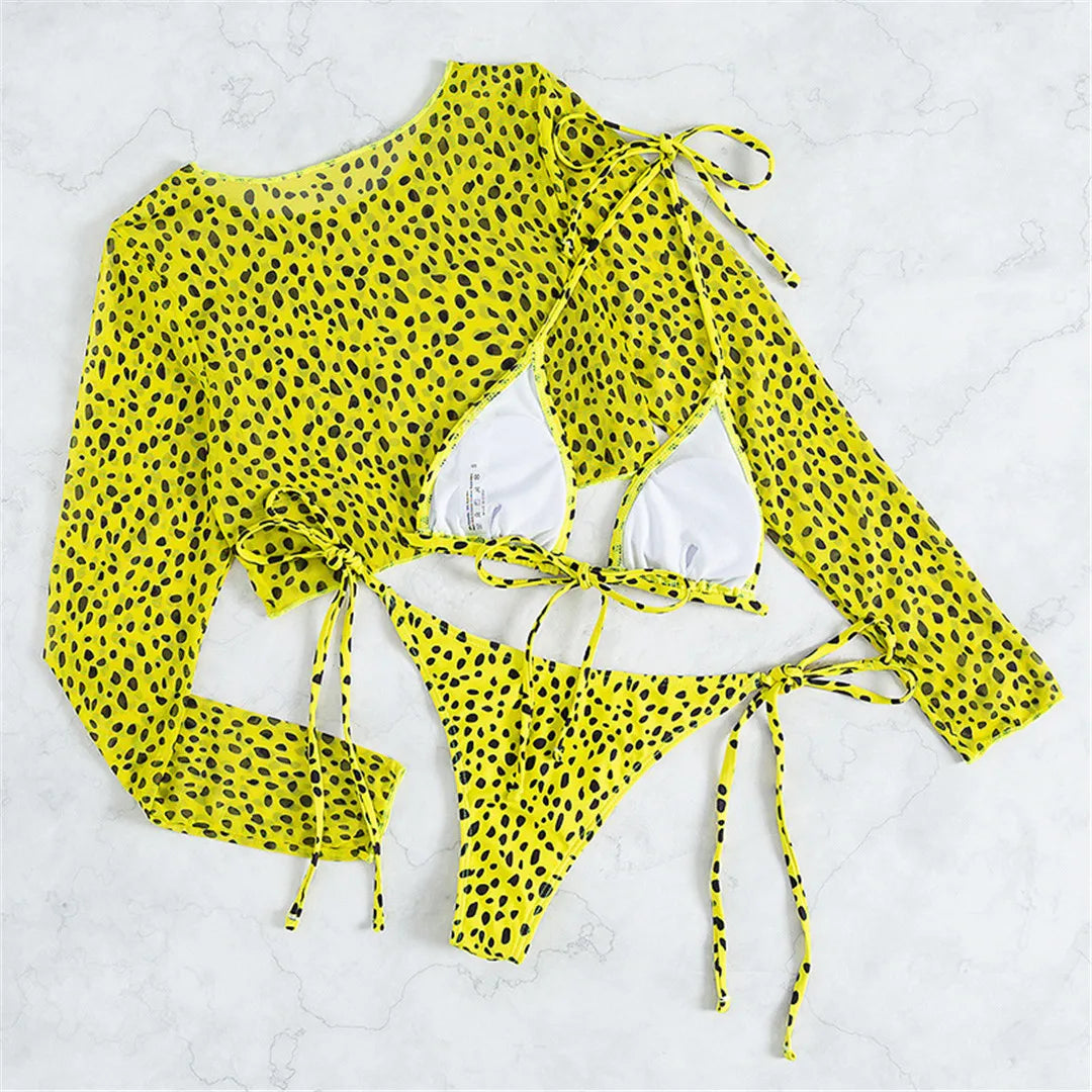 S- XXL Leopard Printed Long Sleeve Bikini Women Swimwear Female Swimsuit Three-Pieces Bikini Set Bather Bathing Suit Swim V3193Y
