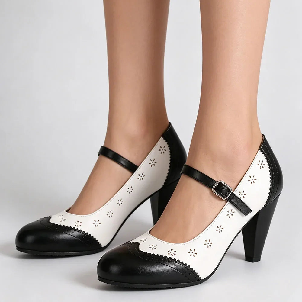 2026 Plus Size 48 Vintage Brown 7.5cm High Heels Mary Janes Pumps Retro Comfy Walk Summer Pink Office Lady Brogue Shoes Women