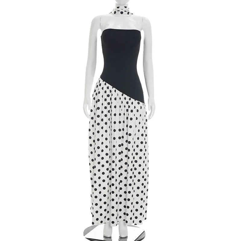 FDYOUI Elegant Bandage Polka Dot Patchwork Evening Dresses Women's 2026 Summer Off Shoulder High Slit Pleated Long Party Dress