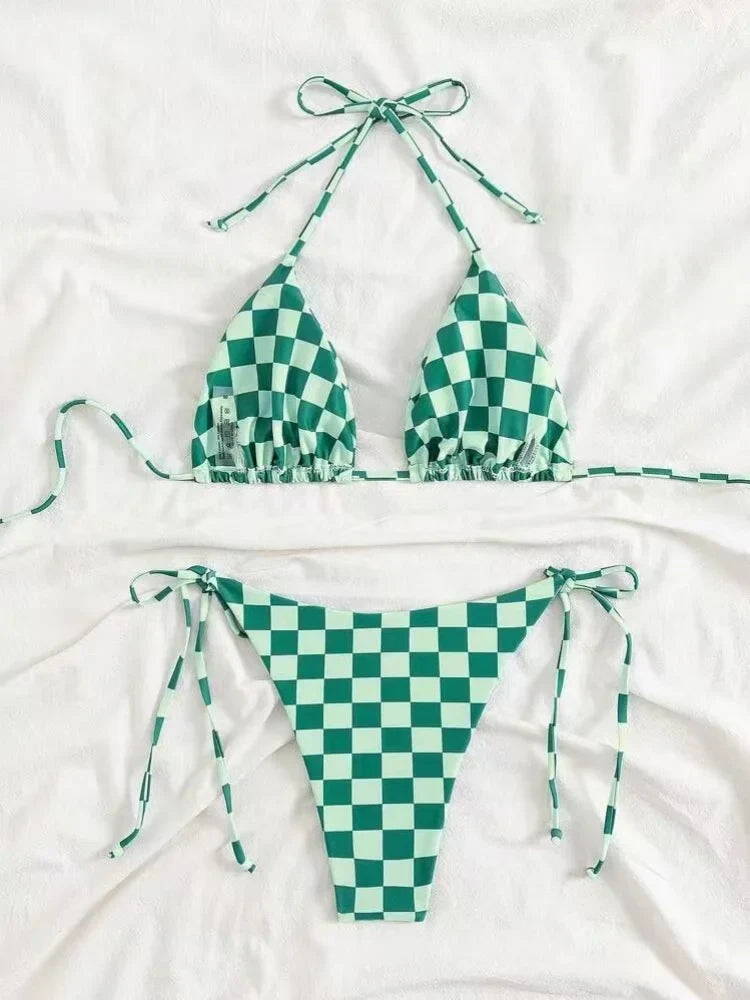 Sexy Pink Plaid Micro Bikini 2026 Women Halter Push Up Bra Tie Side Thong Swimsuit Brazilian Beach Bathing Suit Swimwear Biquini