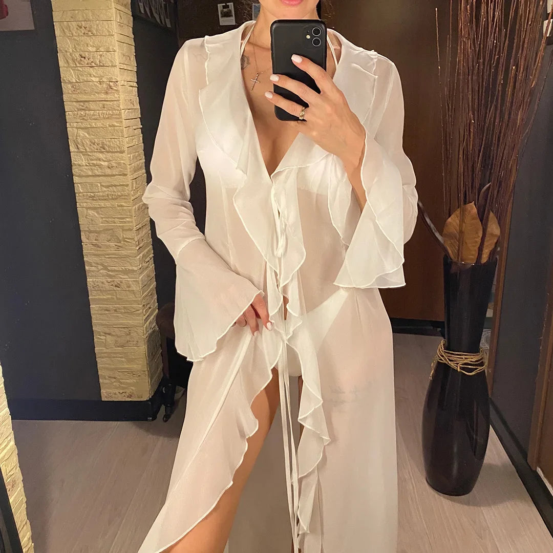 New Sexy V Neck Ruffled Long Sleeve Chiffon Tunic Beach Cover Up Cover-ups Beach Dress Beach Wear Beachwear Female Women V5976