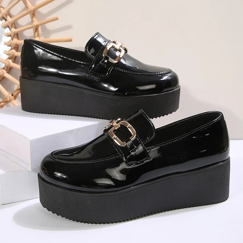 Black Chunky Wedges Loafers Shoes for Women Fashion Metal Chain Slip On Platform Shoes Woman Plus Size Patent Leather Shoes 43
