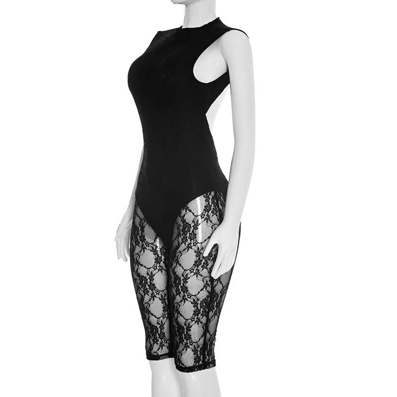 FDYOUI Women's Backless Sleeveless Bodysuits 2026 Summer Sexy Buttons Hollow Out Lace Jumpsuits Night Club Overalls Black Red