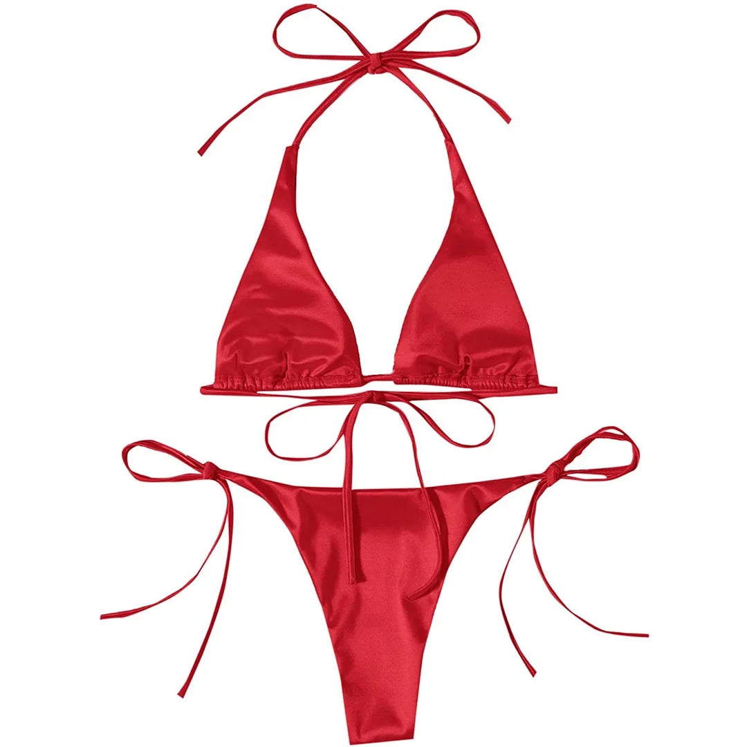 Sexy 13 Colors Halter Satin Brazilian Bikini Women Swimwear Female Swimsuit Two-pieces Bikini set Bather Bathing Suit Swim V4966