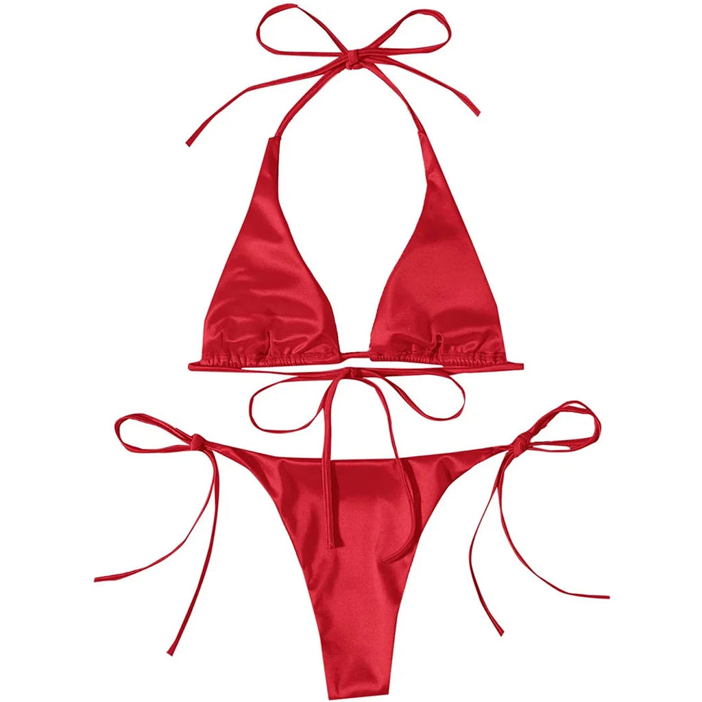 Sexy Satin Halter Brazilian Padded Bikini Female Swimsuit Women Swimwear Two-Pieces Bikini Set Bather Bathing Suit Swim V4966S