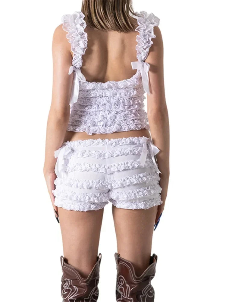 2 Piece Sets Women's Layered Ruffle Lace Sleeveless Vest Tops and Bow Shorts Sets 2024 Summer Casual Gothic Y2K Loungewear