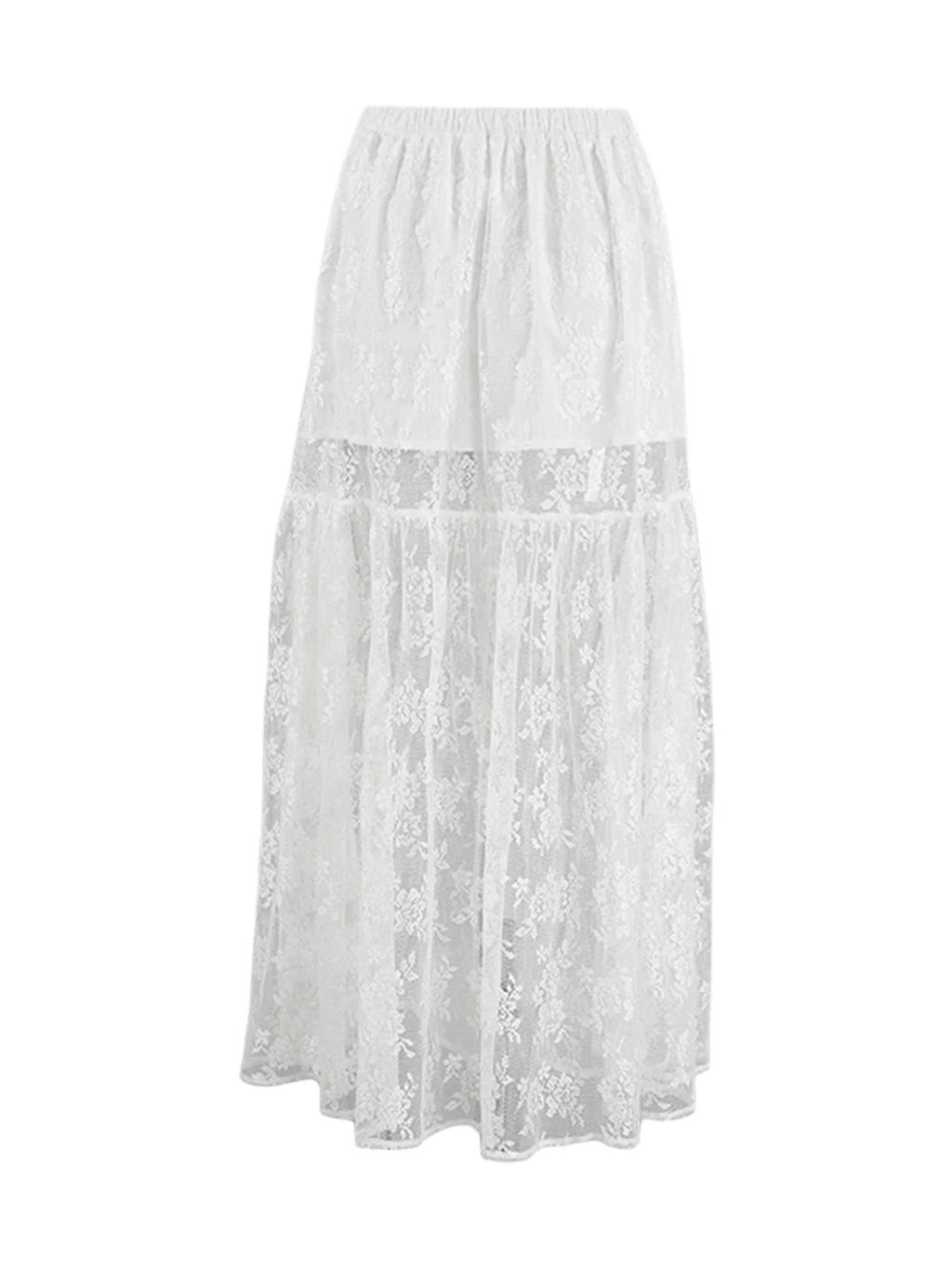 Women See-Through Lace A-Line Skirts Casual Summer Solid Color Elastic Waist Long Skirt for Beach Vacation Club